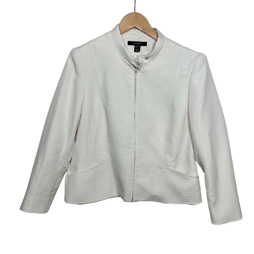 Louben Women's Textured Minimalist Zip Front Blazer Jacket size 12 Off White